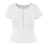 Stylish Versatile Figure-hugging Cropped T-shirt with Pearl Buttons Off-the-shoulder Design and Short Sleeves