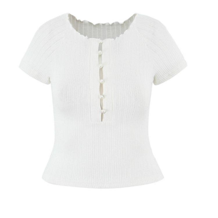 Stylish Versatile Figure-hugging Cropped T-shirt with Pearl Buttons Off-the-shoulder Design and Short Sleeves