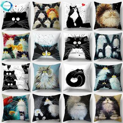 Cute Cat Pillowcase 45cmX45cm Square Sofa Pillowcase Watercolor Loving Cat Pillow