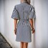 New casual shirt skirt, lotus leaf sleeve stand-up collar striped dress