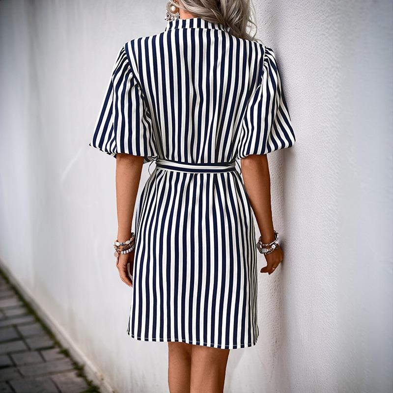 New casual shirt skirt, lotus leaf sleeve stand-up collar striped dress