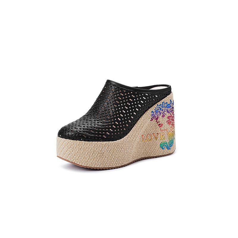 

2025 summer new leather thick-soled bag head slippers women s thin hollow wedge half slippers small high heels 34 чёрный