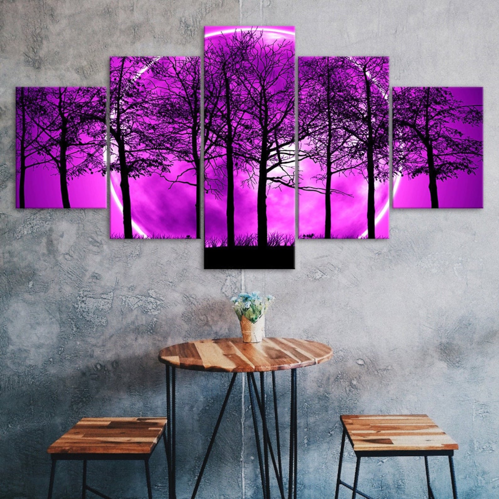 

Purple Full Moon Lunar Eclipse Night View Forest Trees 5 Piece Five Panel Wall Canvas Print Modern Art Poster Home Decor Gift For Him Her 20X35 20X45 20X55CM