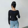 Polka dot V-neck waist long-sleeved T-shirt for women's light and mature temperament Spice girls slim and thin bottoming tops