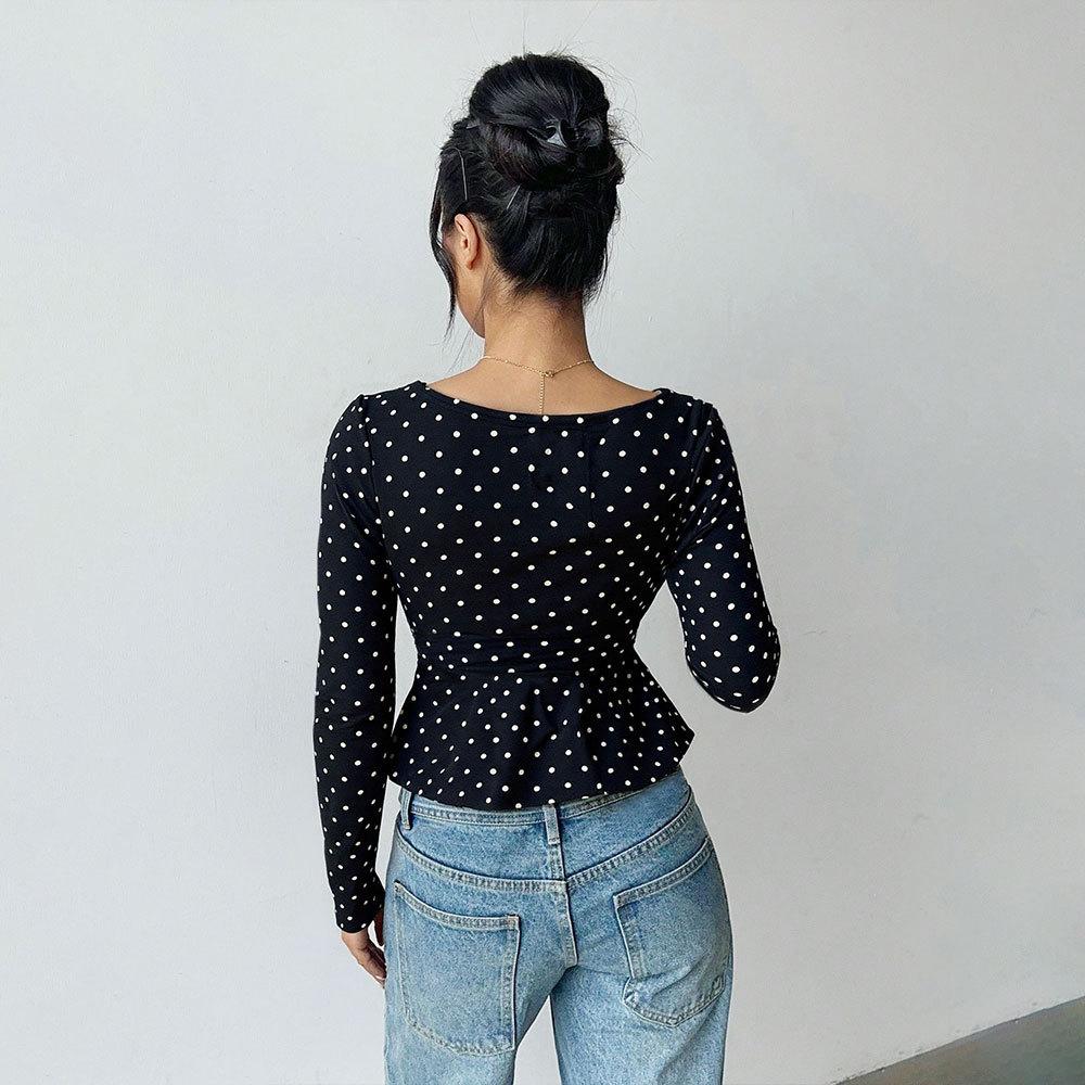 Polka dot V-neck waist long-sleeved T-shirt for women's light and mature temperament Spice girls slim and thin bottoming tops