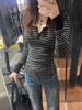 Color-Woven Plush Striped U-Neck Long Sleeve T-Shirt, Slimming and Sexy Autumn 2025 Fashion.