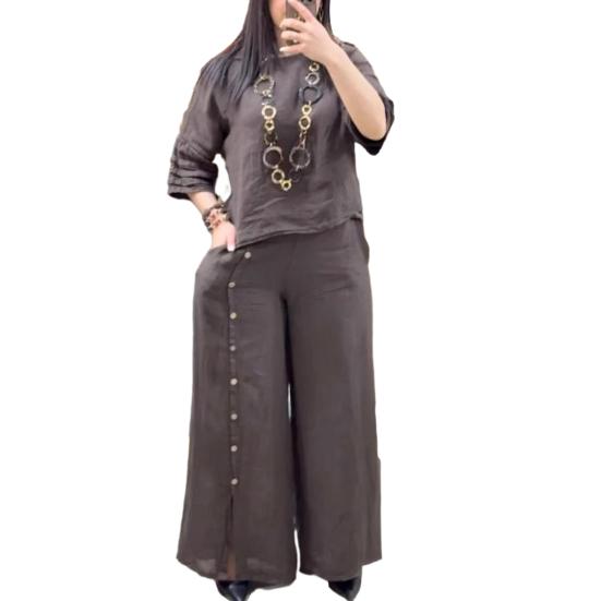 Women's Loose Cotton Linen 2-Piece Outfit Short Sleeve Top And Split Wide Leg Pants Set Summer Casual Lounge Set