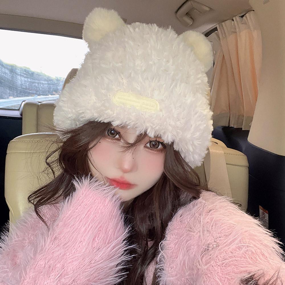 Cute Little Bear Beanie Thickened Warm Plush Hat Lovely Knitted Cap Solid Color Casual Bear Ear Hat Winter Fashion Accessories