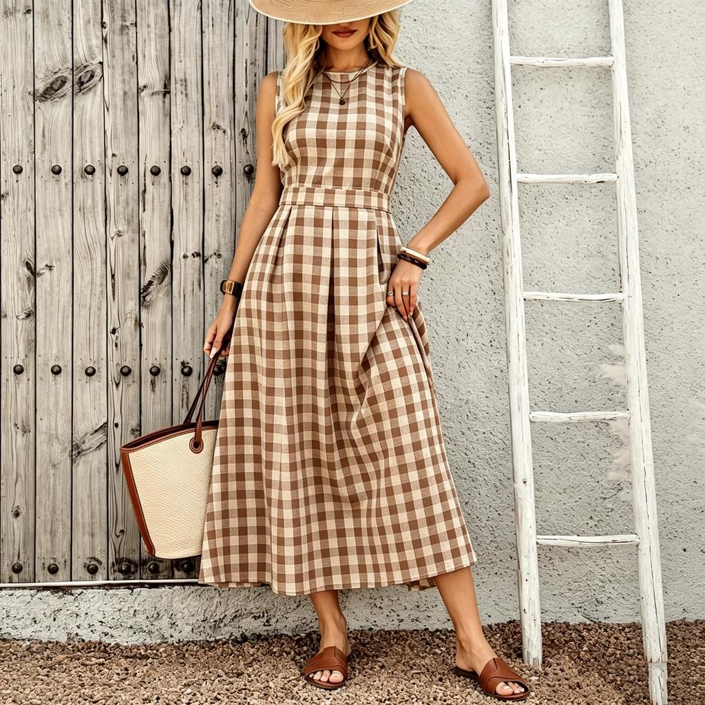 Women's Sleeveless Plaid Dress Round Neck Waist Cinched Midi Length Casual Summer Dress with Pockets and A-Line Silhouette