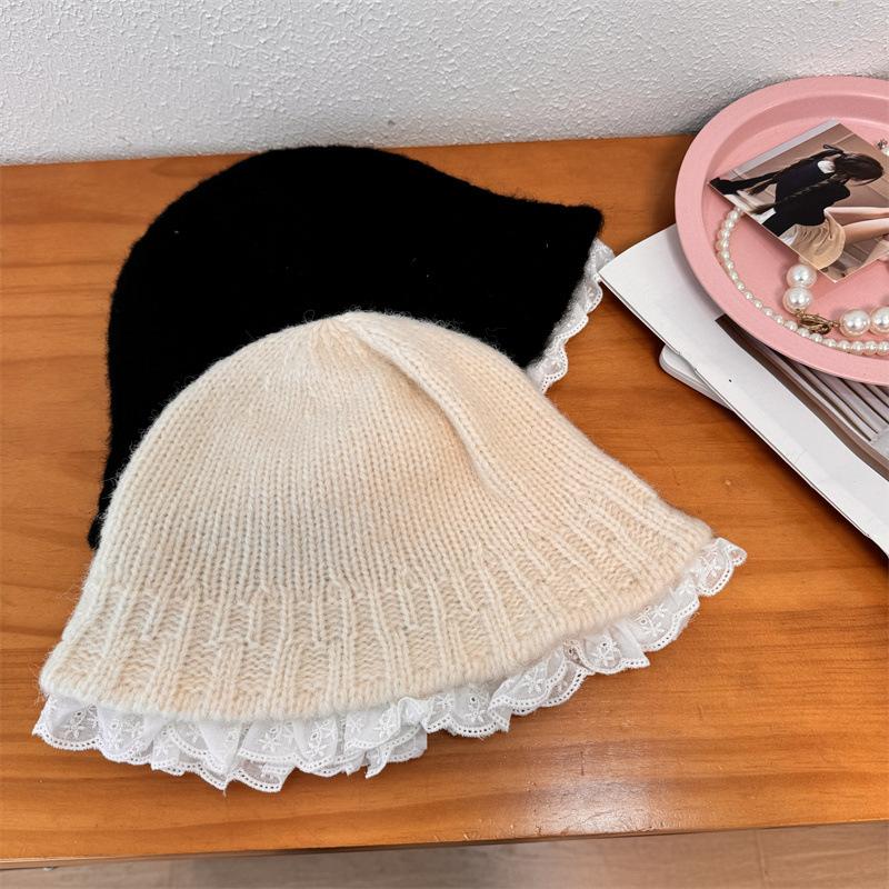 Early autumn lace knitted pot hat female winter face small cute big head circumference warm bucket hat wool hat