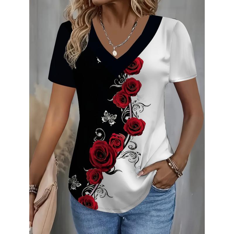 Elegant directional plant flower print women s wide neck T-shirt trendy fashion short sleeved V-neck 3D printed women s top S