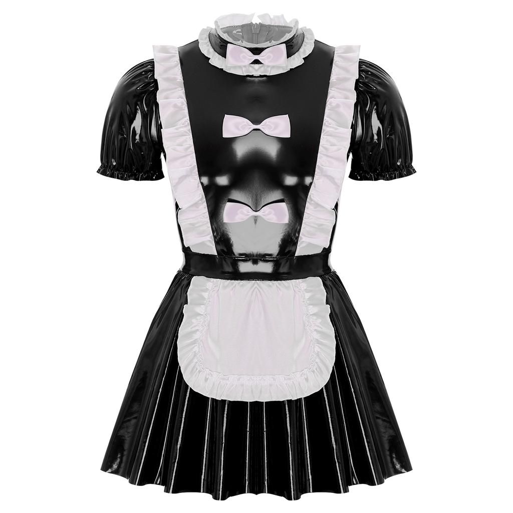Mens Sissy Maid Dress Ruffles Trims Bow Apron Puff Sleeve A-Line Dress