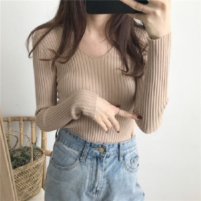 V-neck Women's Knitted Sweater, Long-sleeved, Versatile Base Layer Sweater