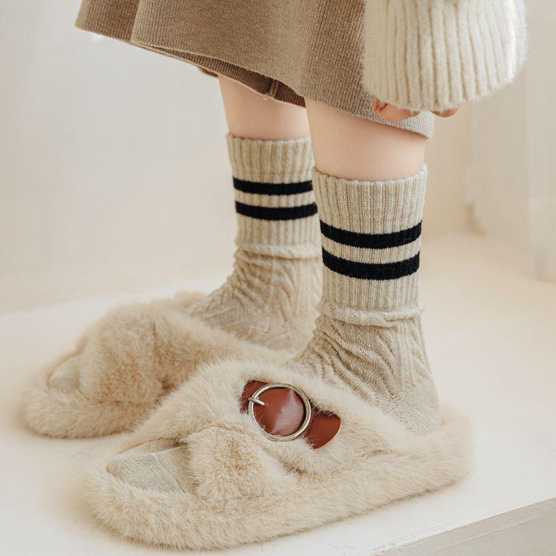 Warm Korean-Style Coffee Two-Stripe Cable Knit Women's Slouch Socks for Autumn and Winter