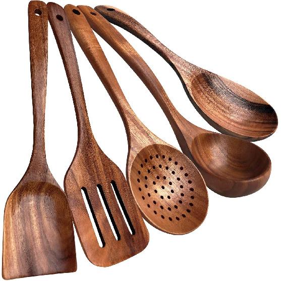 Wooden cookware, teak cookware non-stick cookware wooden spoon cookware, natural teak 100% handmade, without any lacquer kitchen wooden utensil set 5