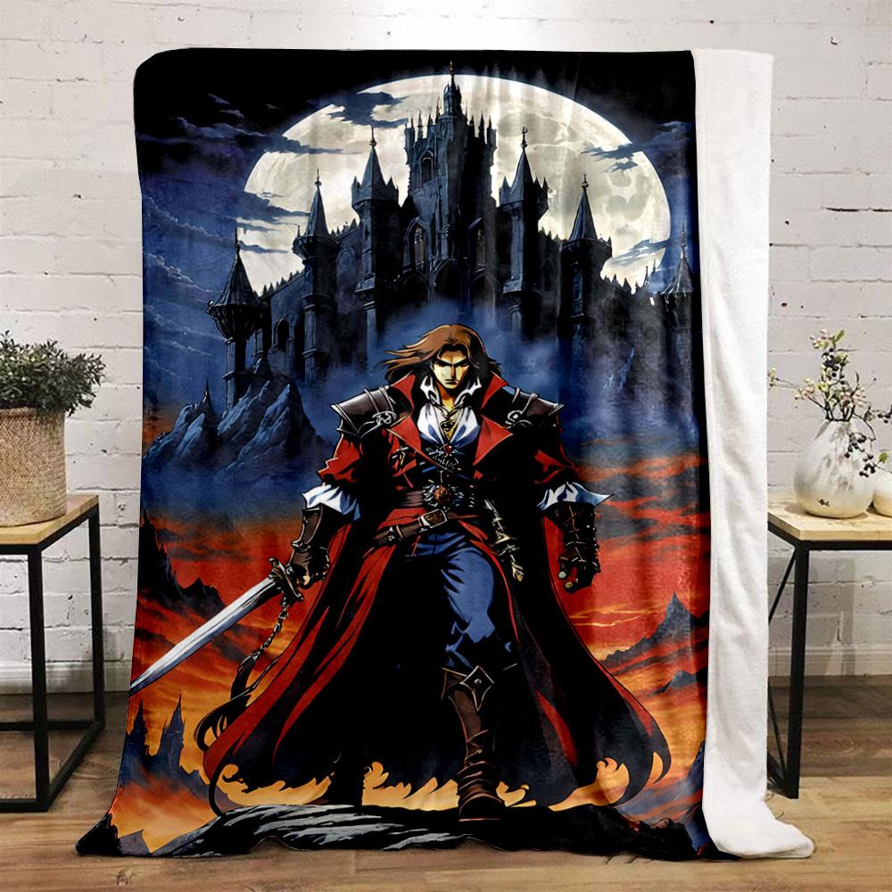 A Heroic Figure In Red and Blue Stands Before a Dark Castle and Full Moon. for All Seasons Blanket Lunch Break Throw Gift