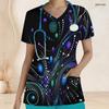 Women Plus Size V Neck Short Sleeve Galaxy Printed Nurse Scrub Top With Front Pockets