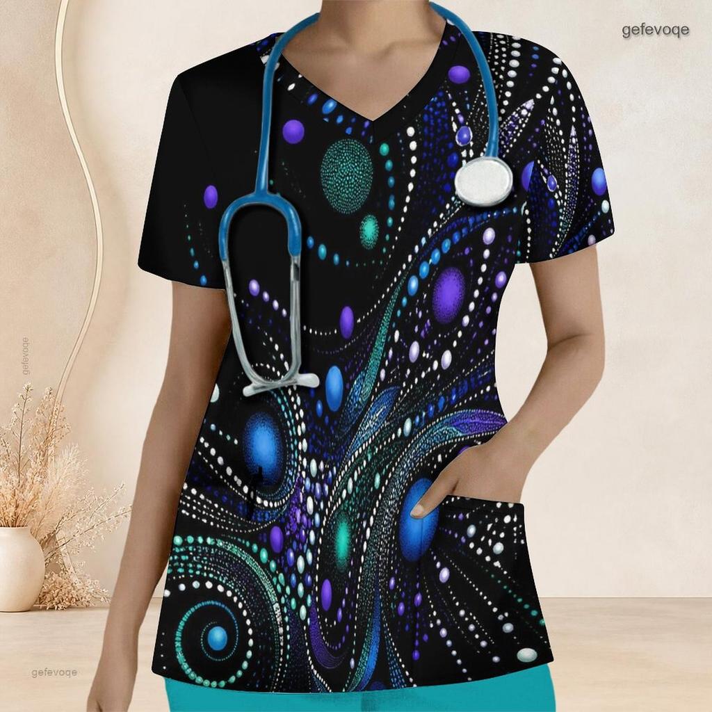 Women Plus Size V Neck Short Sleeve Galaxy Printed Nurse Scrub Top With Front Pockets