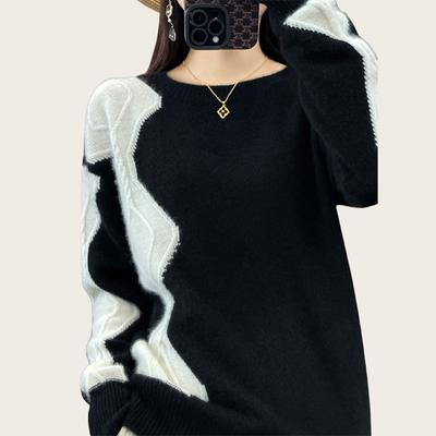 Autumn Winter Women's Crew Neck Wool Sweater Color-block Loose Thick Pullover Knitted Wool Sweater