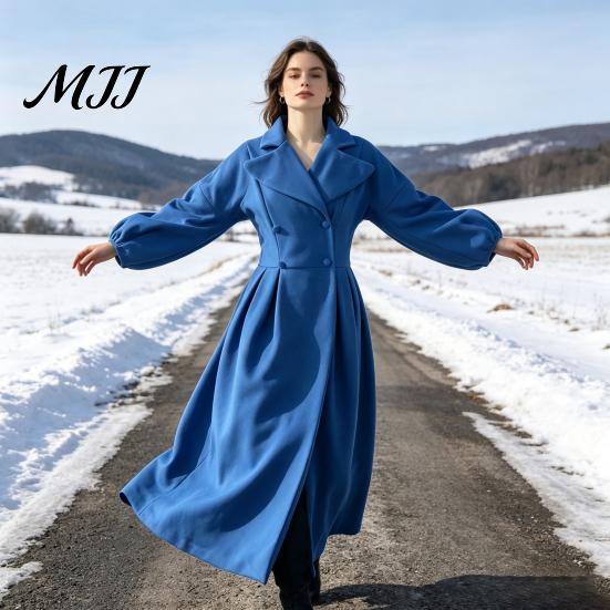 Casual Long Coat Women Wool for Fall Winter, Lantern Sleeve Winter Notch Lapel Overcoat, Double Breasted Trench with Pockets