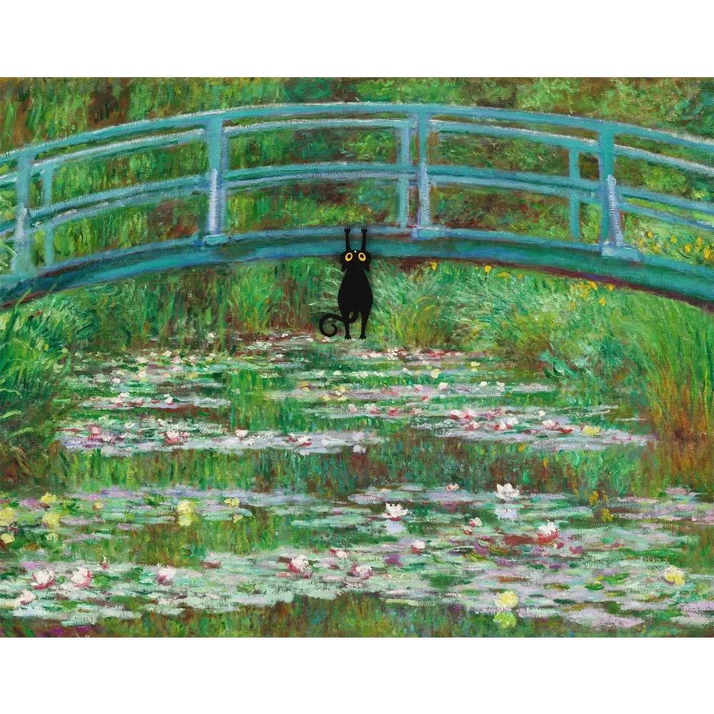 1pc Frameless Claude Monet Artworks Interesting Cute Black Cat Lotus Pond Poster Canvas Paintings for Living Room Home Decor