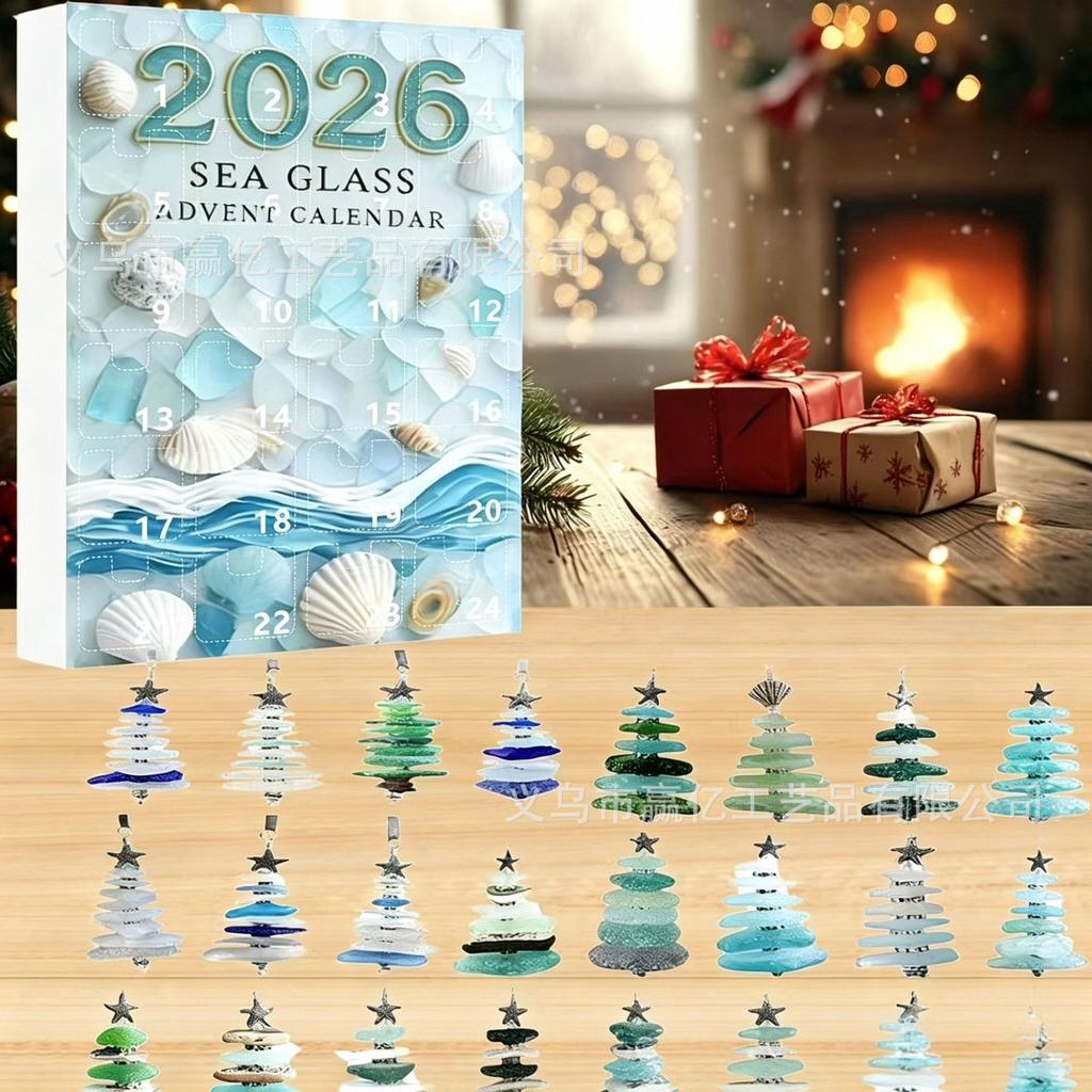 Sea Glass Advent Calendar 24 Days Ocean Friendship Hanging Ornaments Countdown Gift Box for Holiday Home Decor