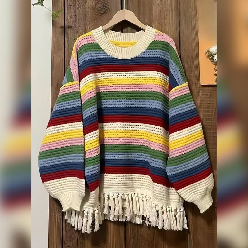 Regenbogen gestreifter Damen-Strickpullover mit langen Ärmeln und Quaste, schickes Damen-Top, Herbst/Winter, lockere, lässige Damenbekleidung