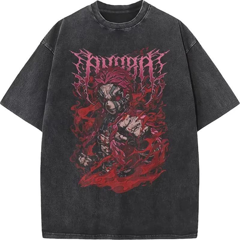 Japanese Anime Demon Slayer Akaza Graphic Washed T-shirts Women’s Men's Clothing  Harajuku Y2K Oversized Cotton Half-sleeve Tops