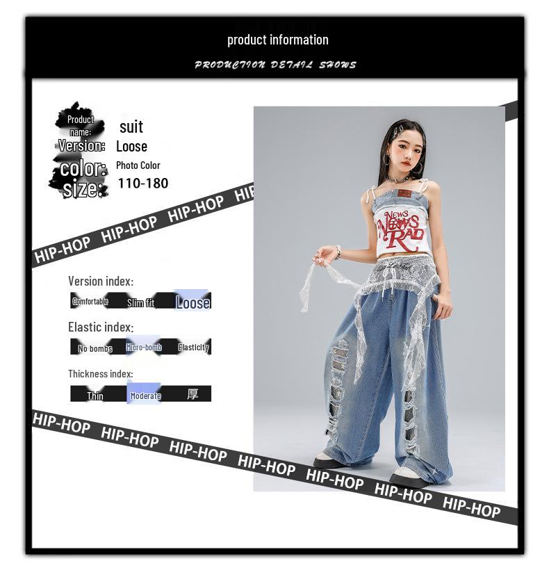 Kostium do tańca jazzowego w stylu koreańskim dla dziewcząt - Dziecięce podarte dżinsy na letni występ.