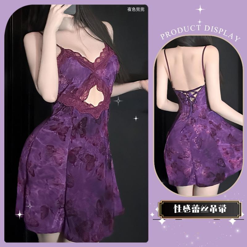 

Фиолетовая сексуальная пижама женская летняя новая флокированная с нагрудными подушечками, с передовым чувством королевской сестры, чистая, желающая, на бретелях, ночная сорочка, домашняя одежда One size