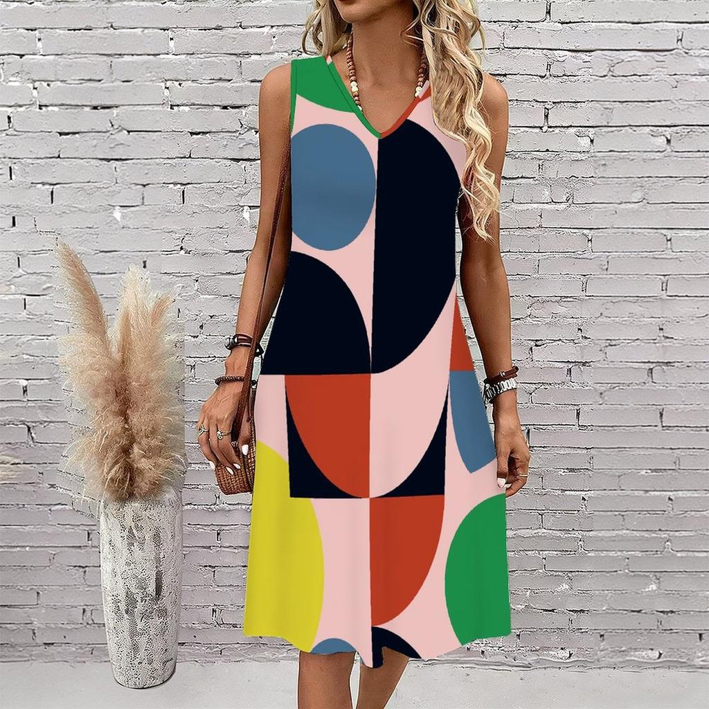 Plus Size V Neck Sleeveless Verdant Mountain Waterfall Scenery Print For Summer Vacation Dress