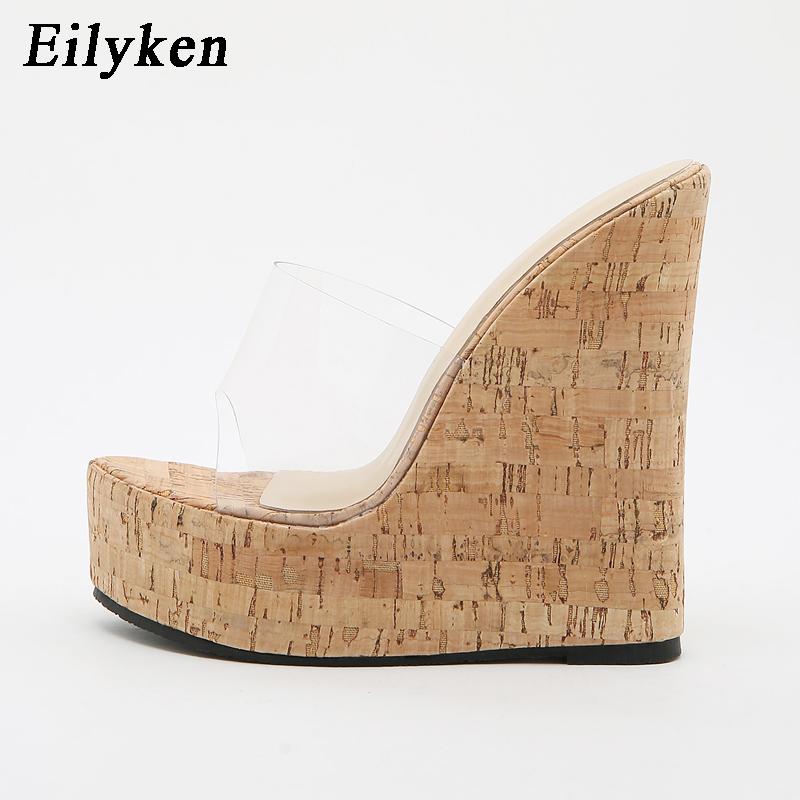 Fashion Eilyken Elegant Open Toe PVC Transparent Wood Grain Wedge Woman Slippers Fashion Ladies Beach High Heel Slide Shoes