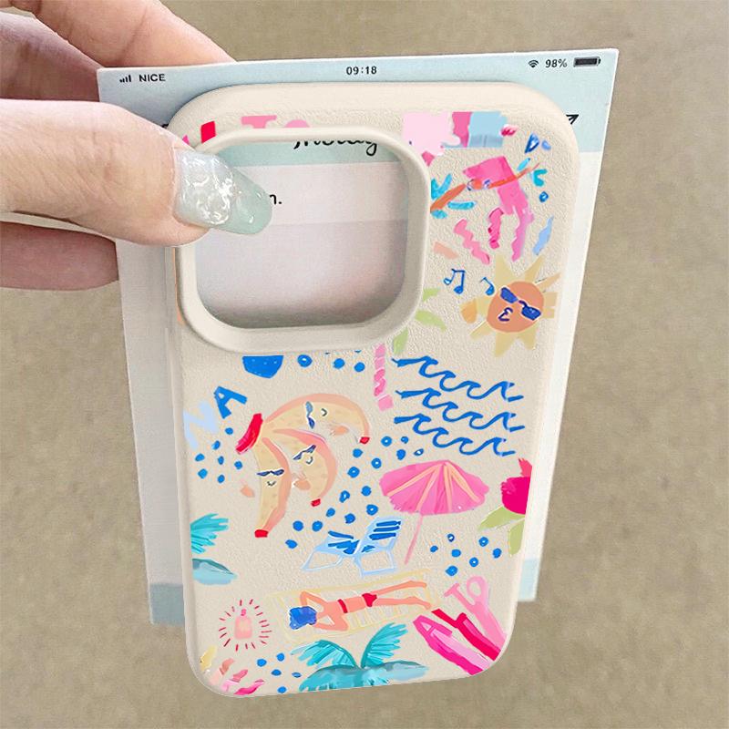 For iPhone 17 Pro Max Case Luxury Cartoon Vacation Painting Leather Texture Silicone Cover For iPhone 16 Pro Max 15 14 13 12 11 16E Air