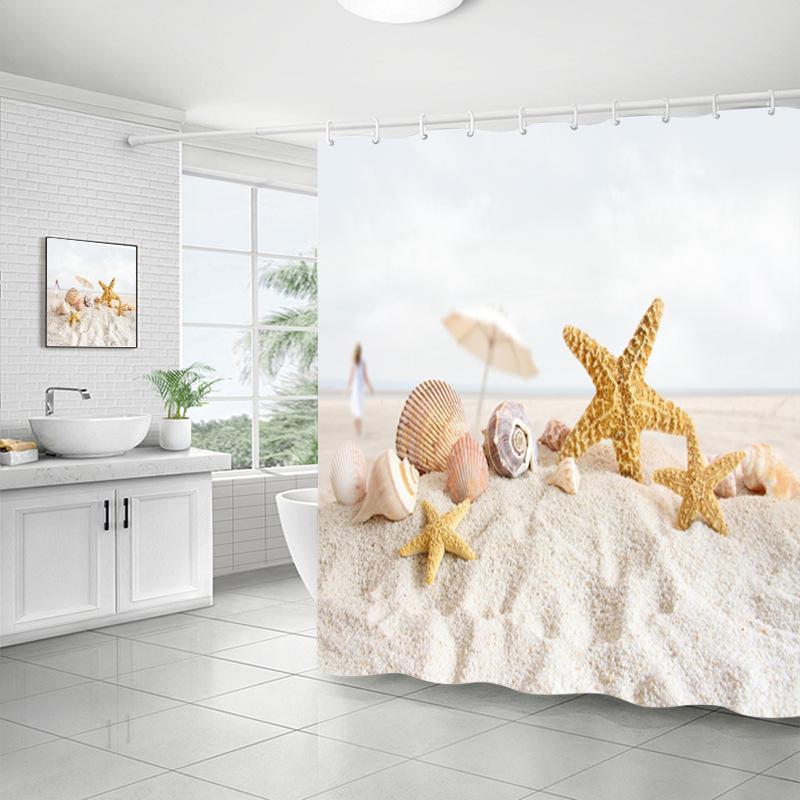 Shower Curtain Bathroom Fabric Non-Punching Beach Natural Scenery Digital Printing Shower Curtain With 12 Hooks