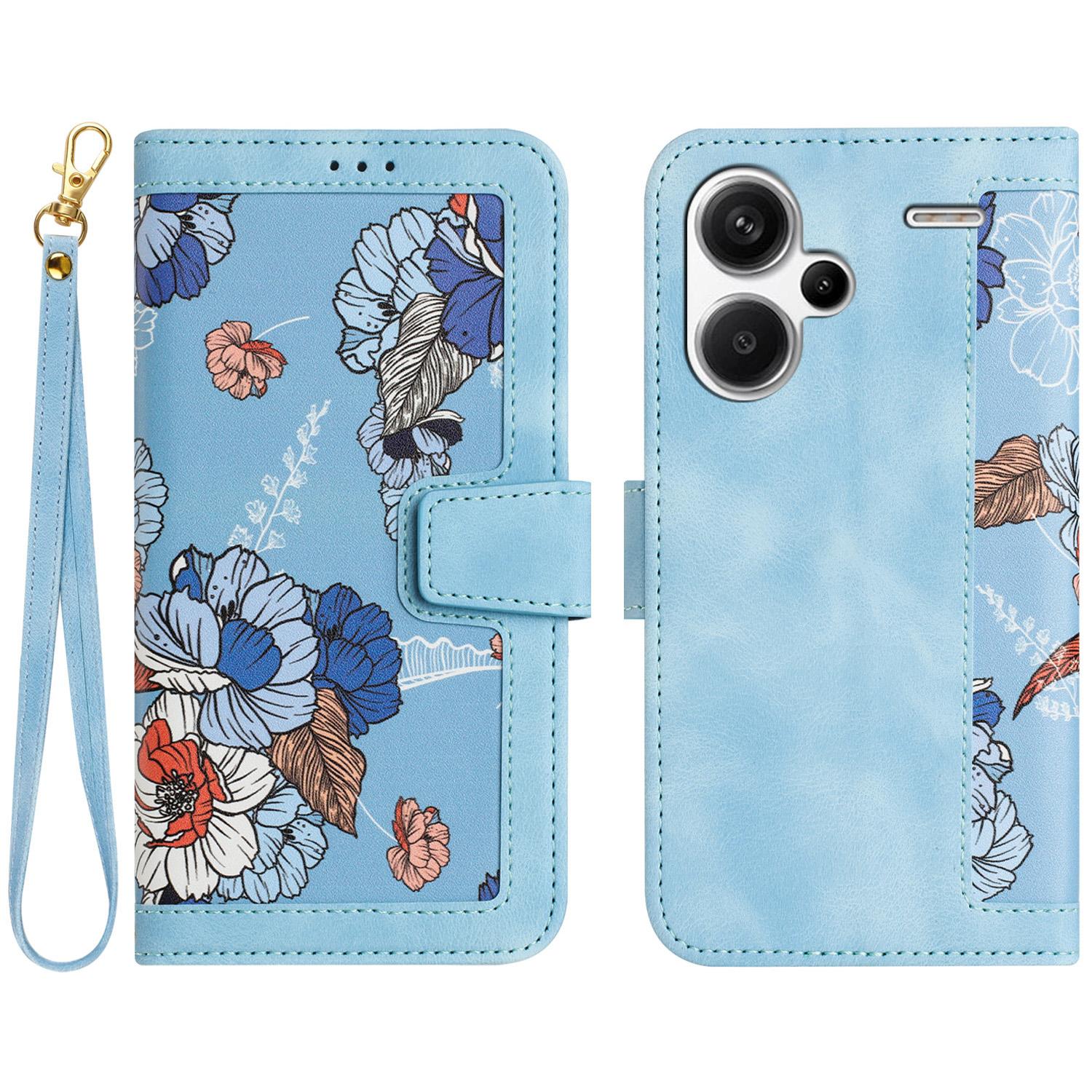

For Xiaomi Redmi Note 13 Pro+ 5G Case PU Leather Flower Pattern Wallet Style Flip Phone Cover Baby Blue