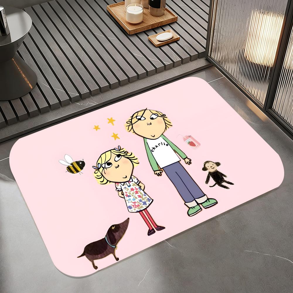 Anime C-Charlie and Lola Floor Mat Diatomite Bath Mat, Quick Dry Absorbent Non-Slip Door Mat