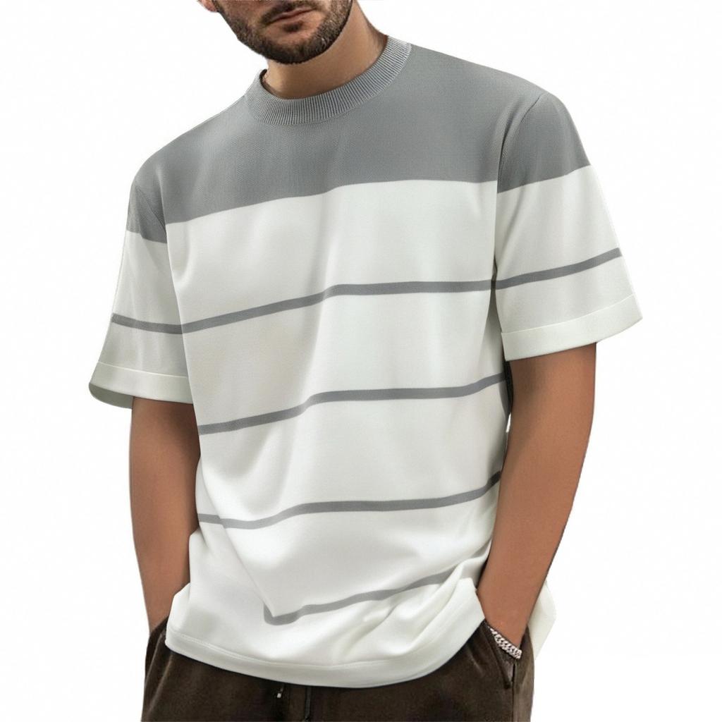 Men's Summer Color - Blocked Knitted Short - Sleeve T - Shirt, Fashionable Striped, Trendy, Casual Round - Neck, Slim - Fit, Versatile Top For Men