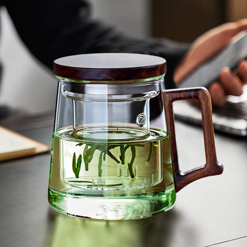 Niye Tea Infuser Cup, Glass Green Tea Mug with Separate Compartments for Office And Personal Use, Large Capacity Water Cup with Wooden Handle for Me
