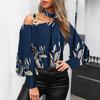 Fashion Women's Shirt Round Neck Long Lantern Sleeve Striped Top Autumn and Winter Women's Metal Ring Halter Top