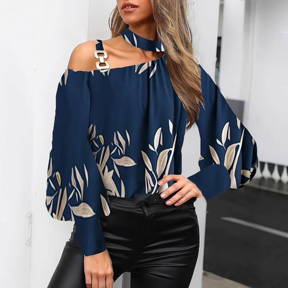 Fashion Women's Shirt Round Neck Long Lantern Sleeve Striped Top Autumn and Winter Women's Metal Ring Halter Top