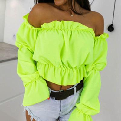 Crop Top Senza Spalle Colore Caramella Donna Estate Stampa Pois Maniche a Lanterna Camicie Donna Sexy Scollo a Barca Blusa da Spiaggia