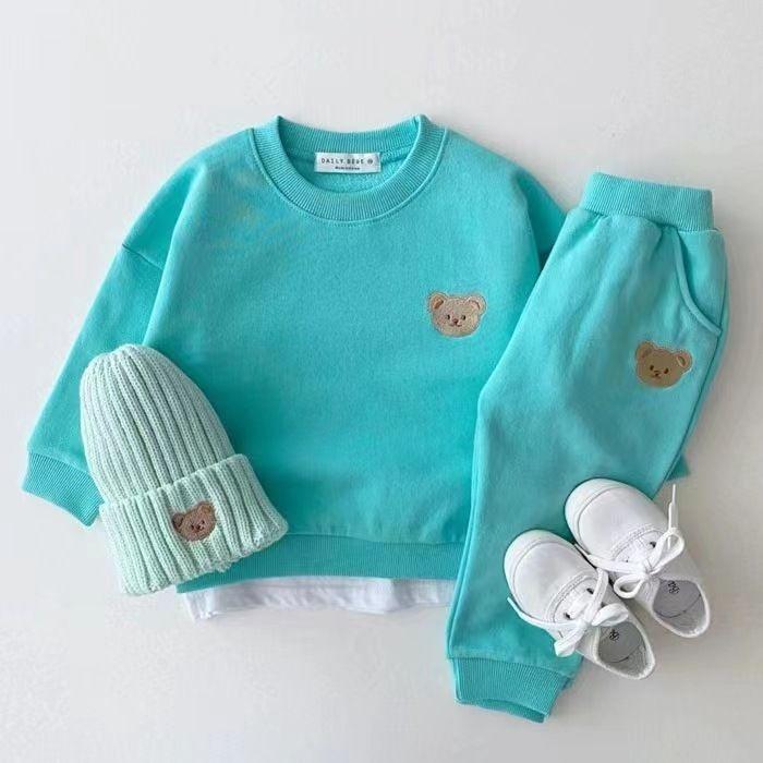 2PCS Children's Set Spring and Autumn Simple Little Bear Head Round Neck Long Sleeve Pants Top + Pant Two Piece Set