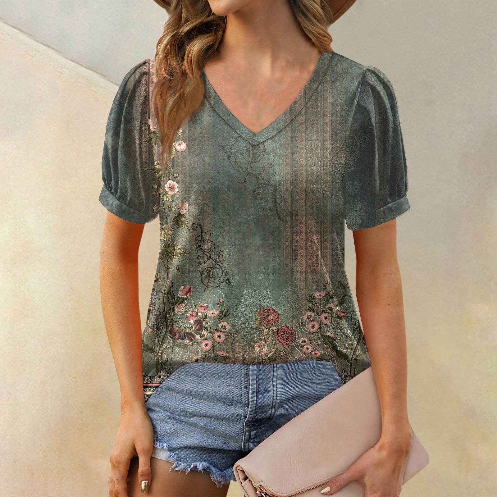 

Жіноча модна футболка з V-подібним вирізом і короткими рукавами з квітковим принтом Вільна повсякденна футболка M зелений