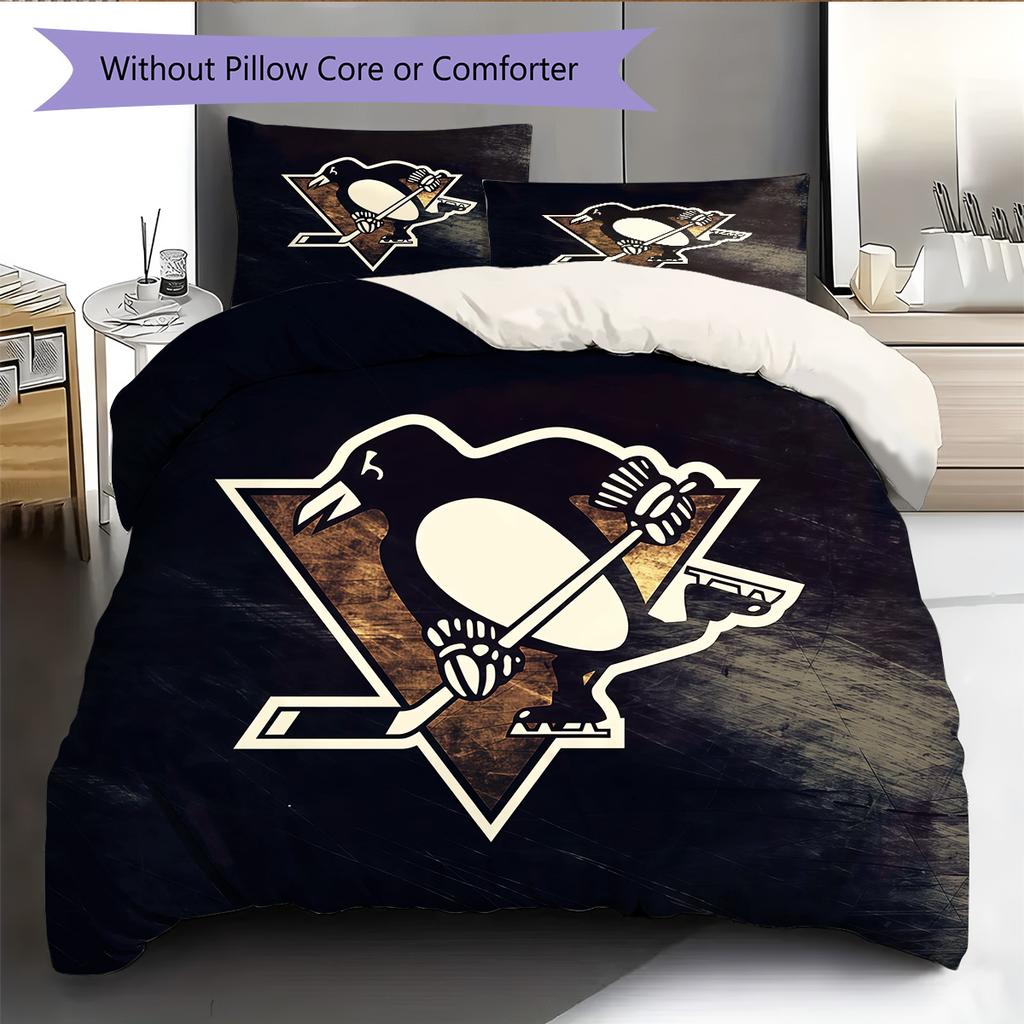 Pittsburgh Penguins Pattern Bedding Quilt Set Home Decoration Gift (1 * Duvet Cover + 2 * Pillowcase Without Core)