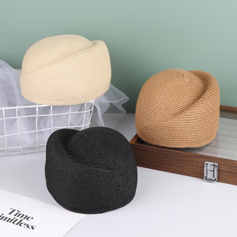 Ladies Solid Color Straw Beret Hat Summer Sun Cap Hostess Pillbox Hat For Women Retro Versatile Casual Painter Hat