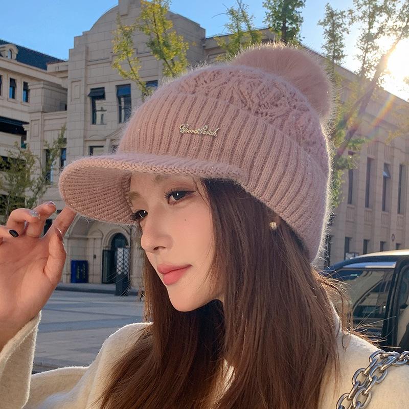 Winter New Duck Tongue Wool Hat Women's Thickened Warm Ear Protection Hairball Knitted Hat Cycling Cold Hat