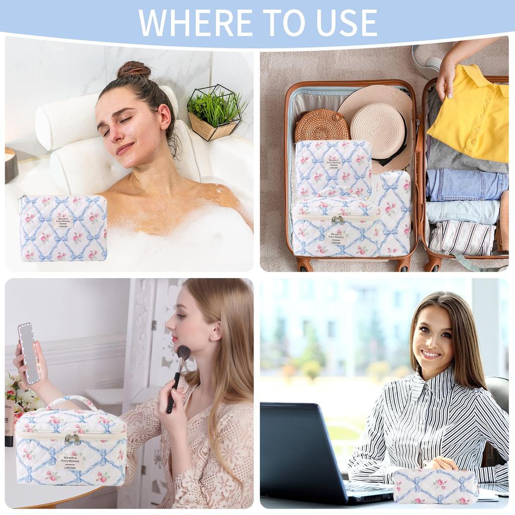 Cotton Quilted Floral Makeup Bag Set for Women and Cute Makeup Bag with Brush Large Toiletry Pouch Gift for Toiletry Accessories and Travel Essentials