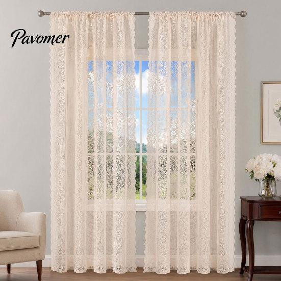 Romantischer Stil Vorhang 1 Panel Transparenter Spitzenvorhang, Vintage Floral mit Stangentasche, Transparente Vorhänge Lichtfilterndes Fenster für Wohnzimmer Schlafzimmer