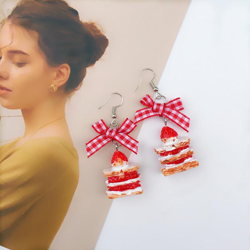 Harajuku Cute Plaid Bow & Mink Fur Ball Earrings with Strawberry Cake Dangles