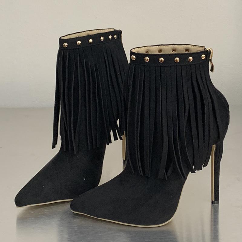 Eilyken Весенние дизайнерские панк ботильоны на щиколотке с заклепками кисточками и молнией с острым носком и тонким высоким каблуком для вечеринки выпускного бала женские туфли 35 чёрный 3680₽
